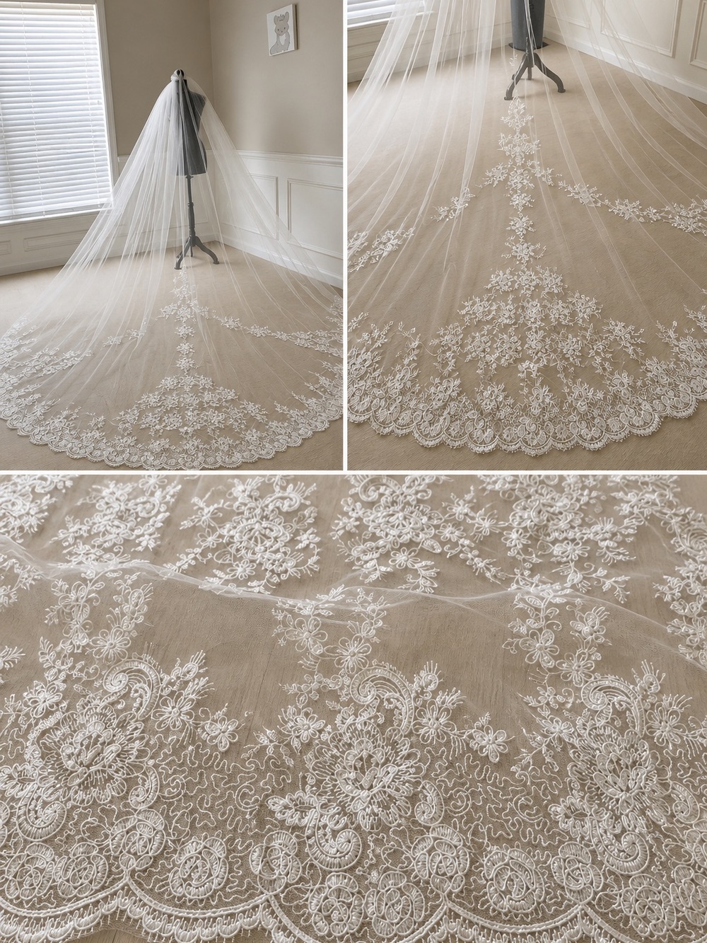 Elegant White Lace Cathedral Veil with Floral Appliqué